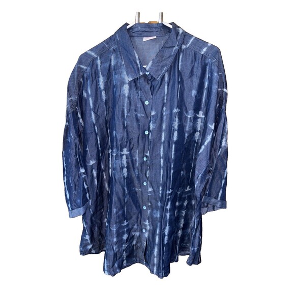 Laurie Felt Women Top 2X Easy Tencel Blue Roll Tab Sleeve Button Up - Picture 1 of 8